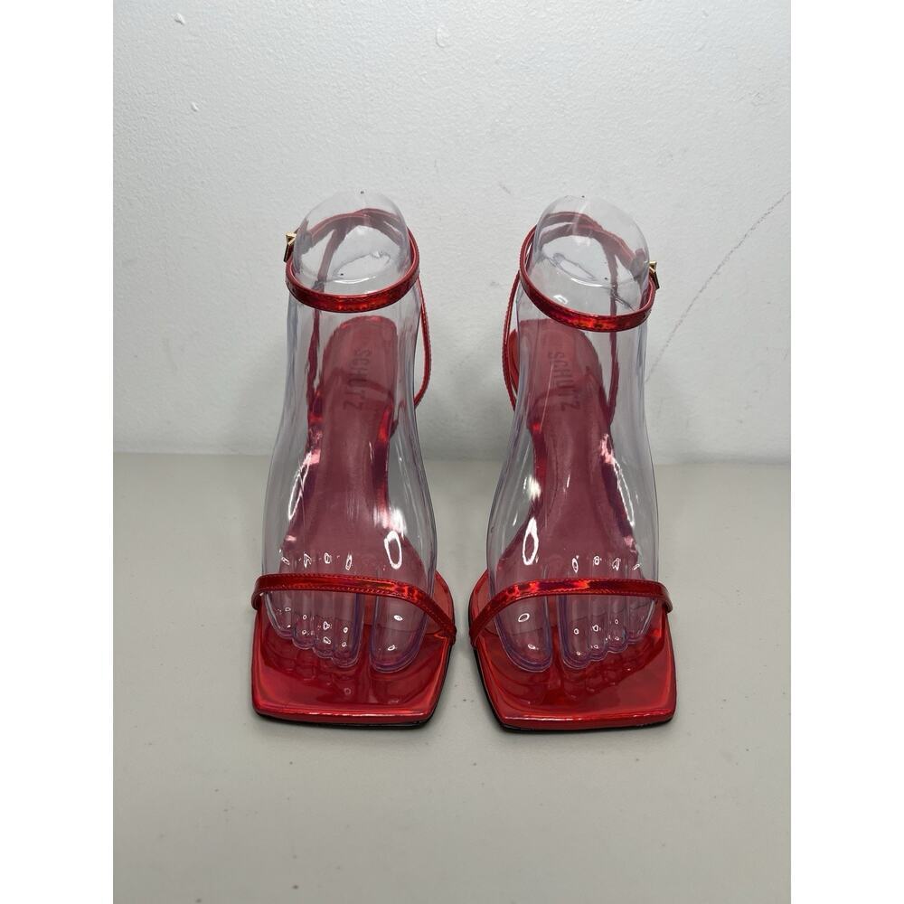 Schutz Red Sam Square Toe Ankle Strap Sandal Gold Toned Heel Square Toe Size 7 - Picture 2 of 9